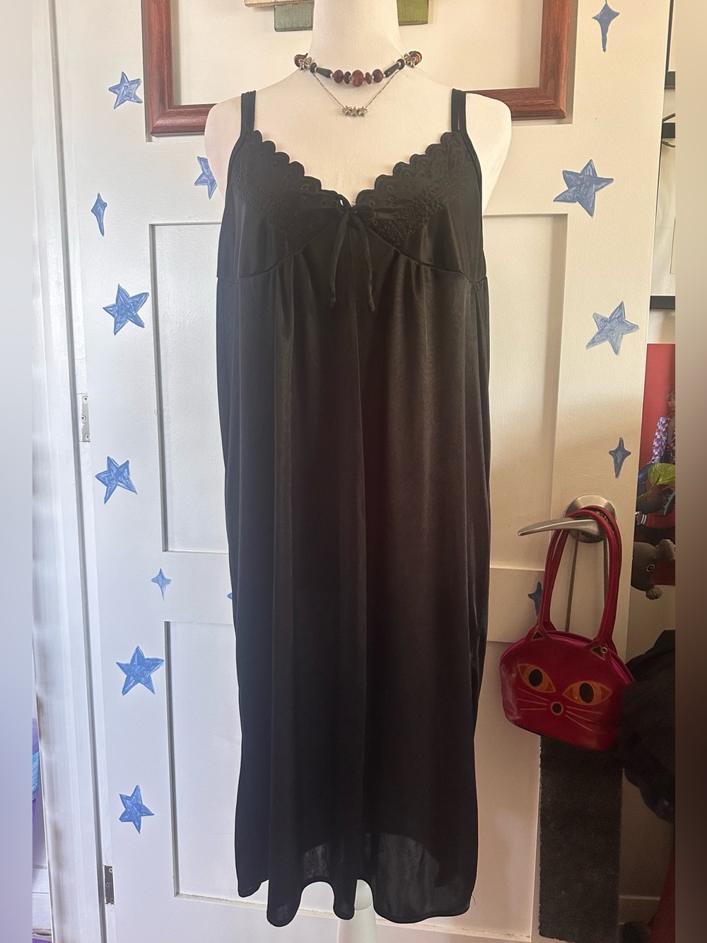 Black Lace-Trim Slip Chemise with Scalloped Neckline